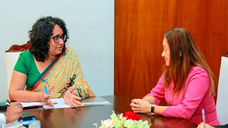 Sri Lankan Prime Minister Dr. Harini Amarasuriya in discussion with U.S. Ambassador Julie J. Chung