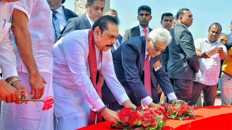 Former Sri Lankan Presidents Mahinda Rajapaksa and Gotabaya Rajapaksa placing flowers at the National War Hero Cenotaph in Sri Jayawardenepura, Kotte