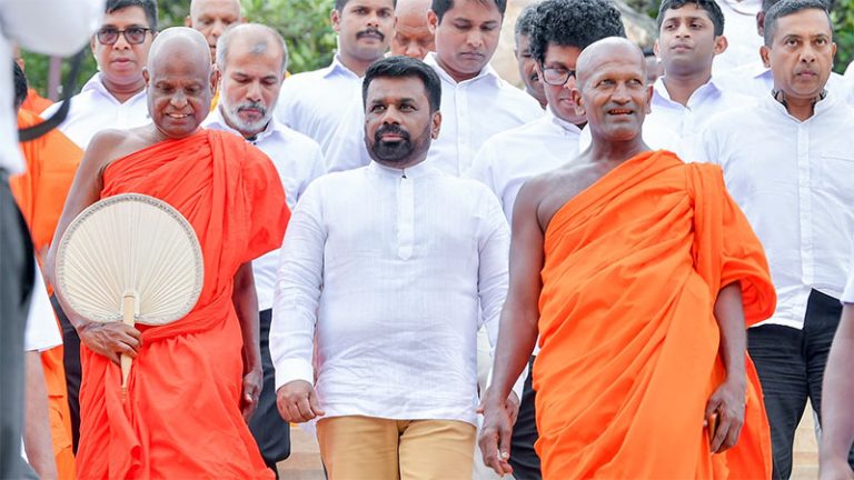 Sri Lankan President Anura Kumara Dissanayake with Venerable Kagama Sirinanda Thero at the Siri Samadhi Maha Viharaya ceremony