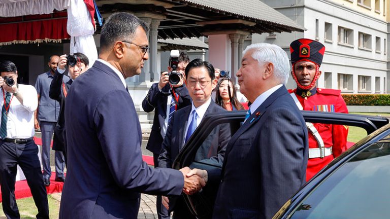 Sri Lanka Defence Secretary Air Vice Marshal Sampath Thuyacontha (Retd) shakes hands with Japanese Minister of Defence Nakatani Gen