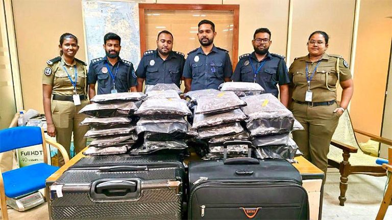 Sri Lanka Customs officials displaying seized Kush cannabis at Bandaranaike International Airport