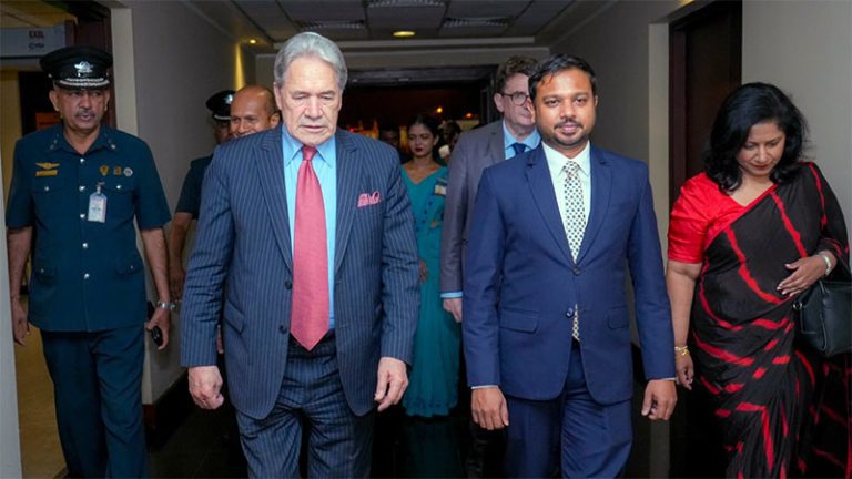 New Zealand Deputy Prime Minister Winston Peters walking alongside Sri Lanka’s Deputy Minister of Foreign Affairs Arun Hemachandra at Bandaranaike International Airport in Sri Lanka