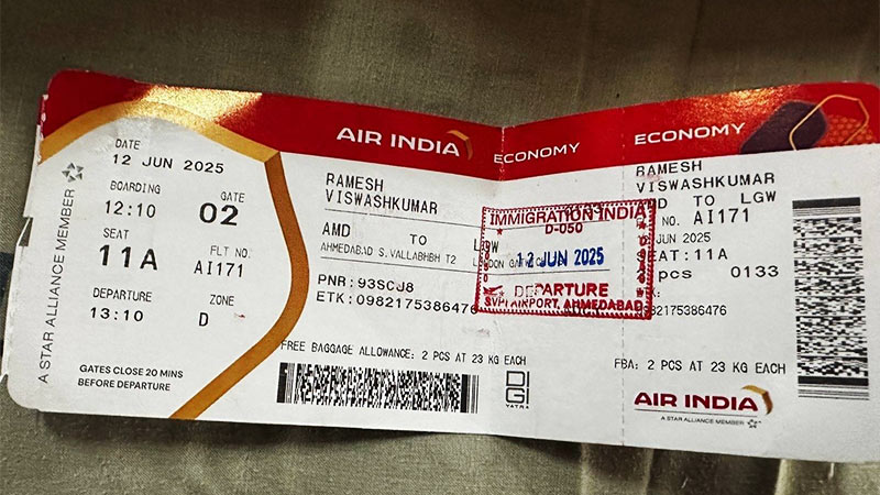 Photograph of Vishwash Kumar Ramesh's air ticket for Air India flight AI-171