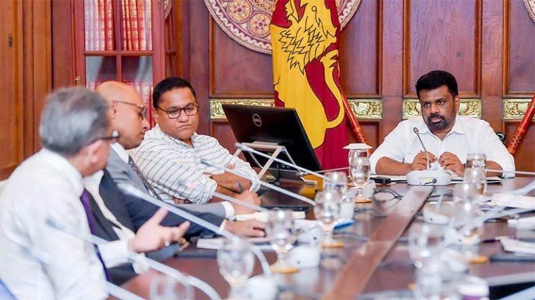Sri Lankan President Anura Kumara Dissanayake and Tourism Minister Vijitha Herath in discussion with tourism officials during a meeting at the Presidential Secretariat in Colombo
