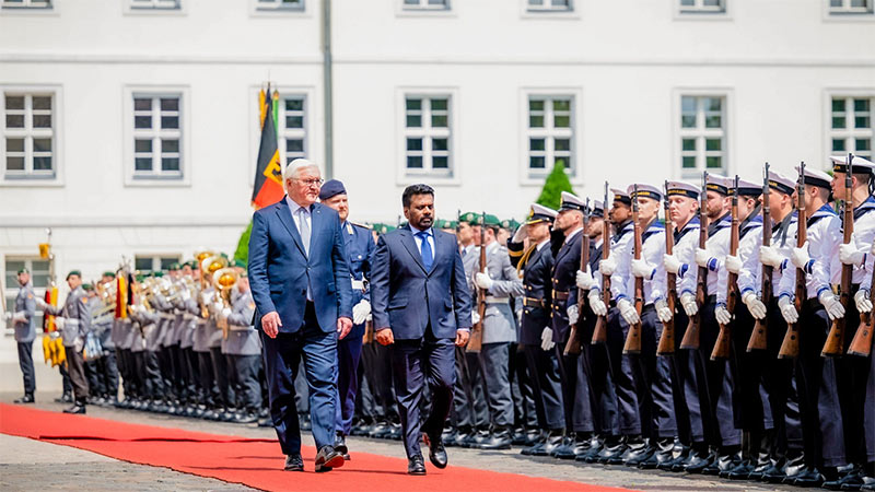 Sri Lankan President Anura Kumara Dissanayake walks with German President Frank-Walter Steinmeier