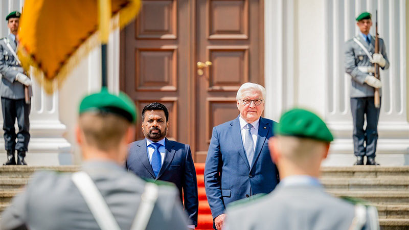 Sri Lankan President Anura Kumara Dissanayake walks with German President Frank-Walter Steinmeier