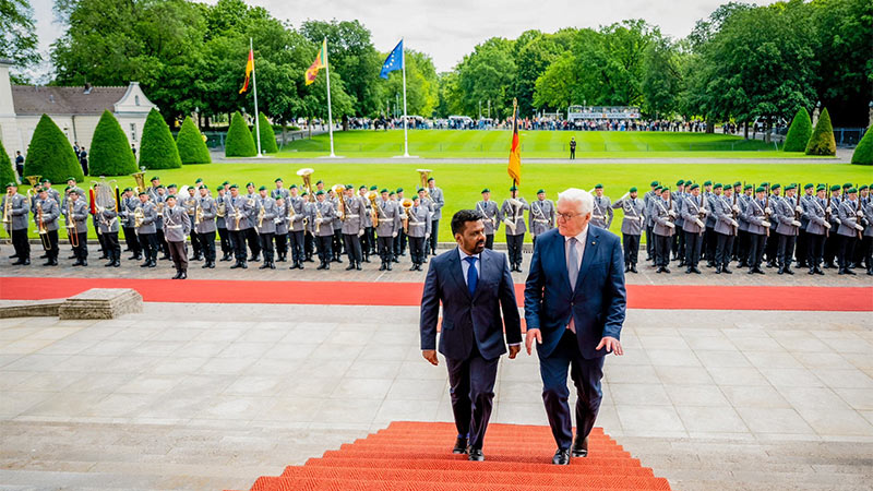 Sri Lankan President Anura Kumara Dissanayake walks with German President Frank-Walter Steinmeier