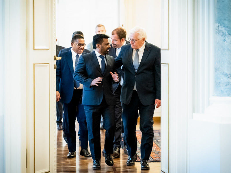 Sri Lankan President Anura Kumara Dissanayake walks with German President Frank-Walter Steinmeier