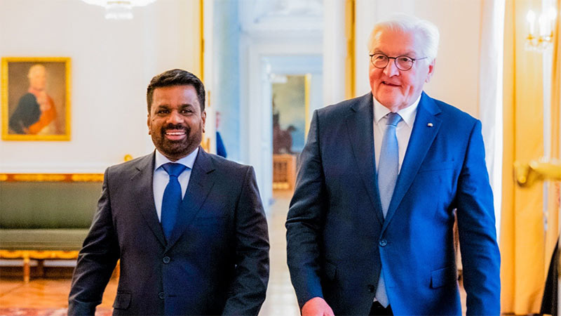Sri Lankan President Anura Kumara Dissanayake walks with German President Frank-Walter Steinmeier