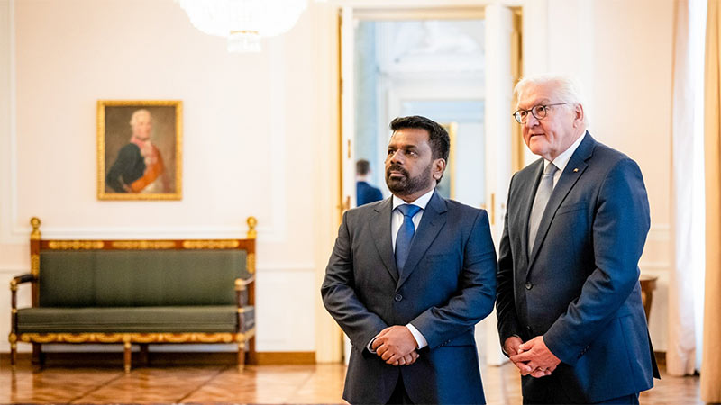 Sri Lankan President Anura Kumara Dissanayake walks with German President Frank-Walter Steinmeier