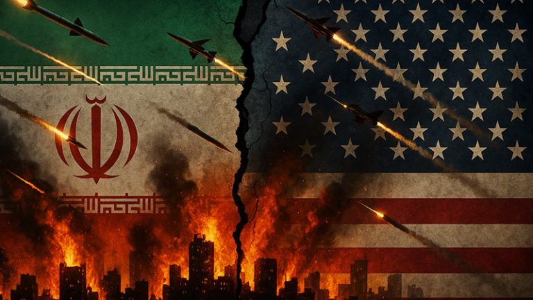 Illustration of Iranian and U.S. flags split by a crack, with burning buildings, missiles, and fighter jets symbolizing conflict