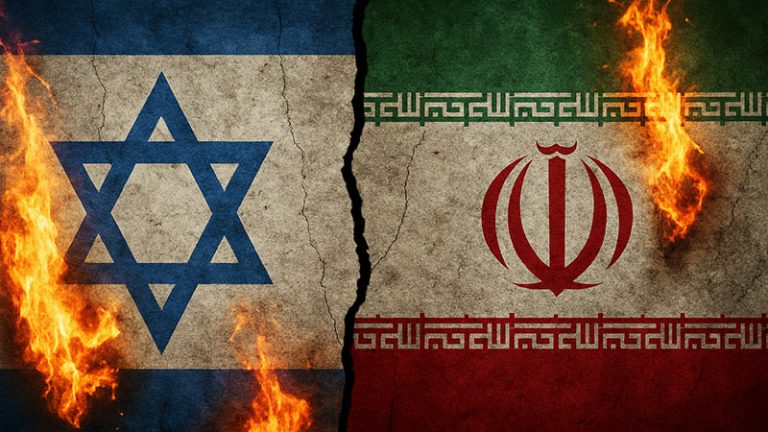 Israel and Iran Flags Split by Conflict