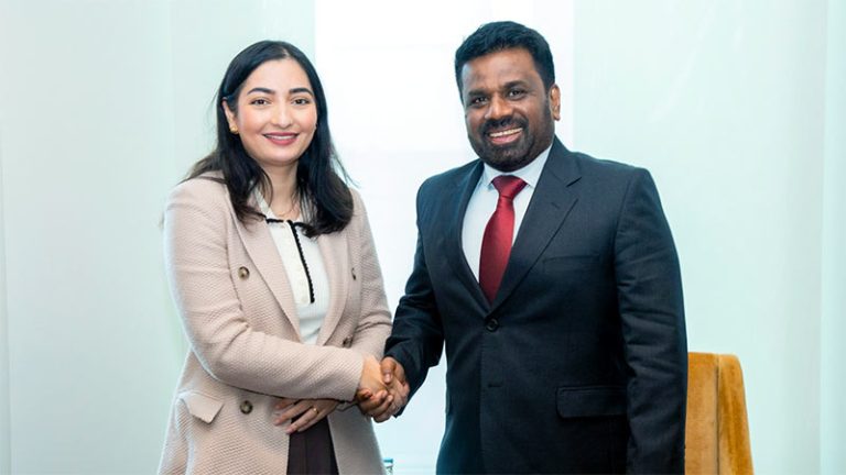 Sri Lanka President Anura Kumara Dissanayake and German Minister Reem Alabali-Radovan shake hands during official meeting in Berlin
