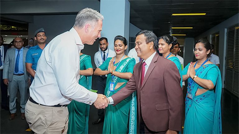 Australian Deputy Prime Minister Richard Marles shakes hands with Sri Lanka’s Deputy Minister of Public Security and Parliamentary Affairs, Sunil Watagala