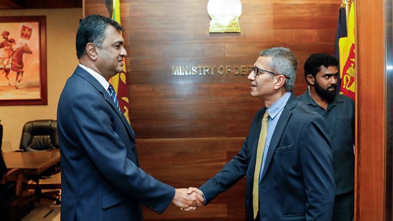 Sri Lanka Defence Secretary Air Vice Marshal Sampath Thuyacontha (Retd) shakes hands with Indian Defence Secretary Rajesh Kumar Singh