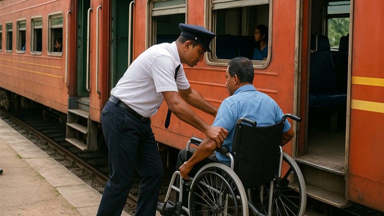 Sri Lanka railway staff assisting a passenger in a wheelchair to board a train at a station