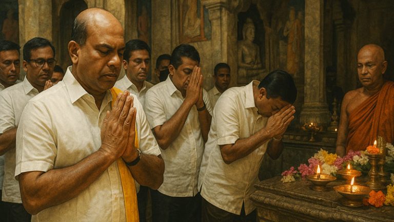 A group of Sri Lankan politicians and officials performing a religious ritual at a temple, standing in prayer near an altar with oil lamps and flowers, observed by a Buddhist monk