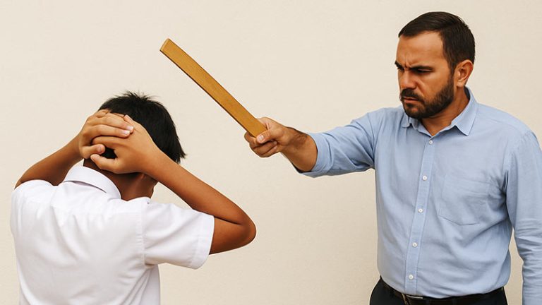 A Sri Lankan teacher raising a wooden ruler at a student shielding his head, symbolizing the issue of physical punishment in schools