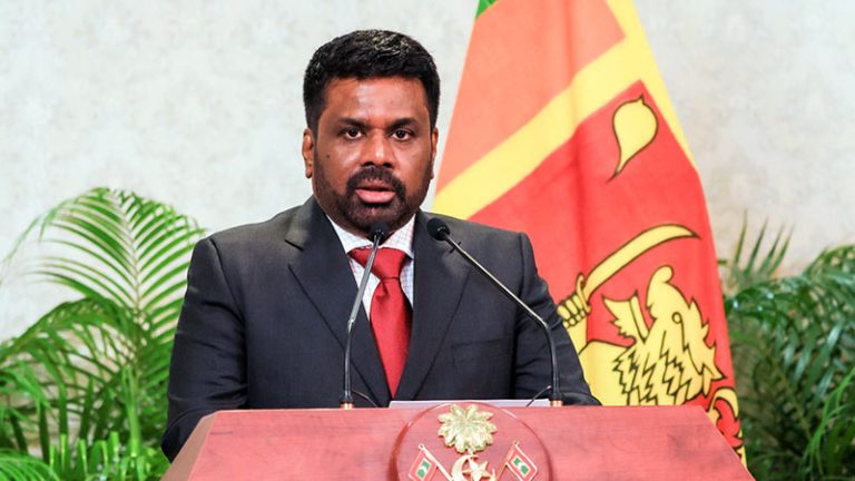 Sri Lankan President Anura Kumara Dissanayake delivers a speech during his official visit to the Maldives