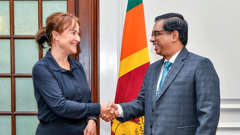 Ambassador of the Netherlands to Sri Lanka Bonnie Horbach and Secretary to the President Dr. Nandika Sanath Kumanayake shaking hands