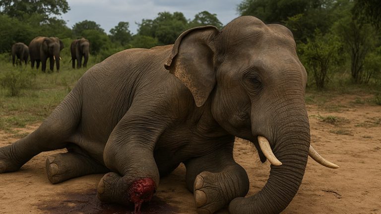 Injured elephant with wounded leg in the wild, Sri Lanka