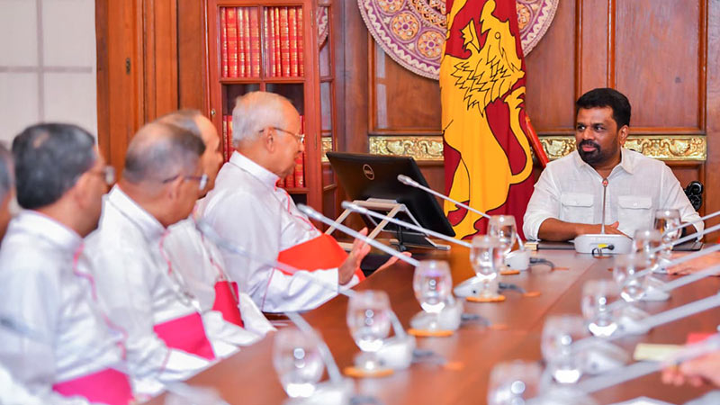 Sri Lanka President Anura Kumara Dissanayake discussing with Archbishop Malcolm Cardinal Ranjith and members of the Catholic Bishops' Conference of Sri Lanka