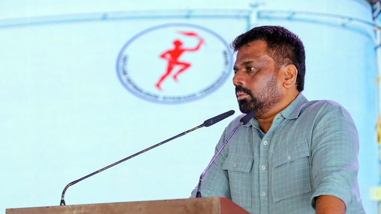 Sri Lanka President Anura Kumara Dissanayake speaking at the launch of new petroleum storage tanks in Kolonnawa