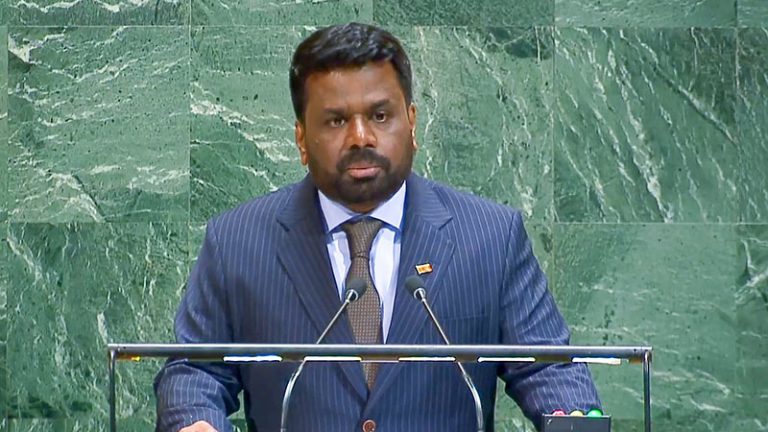 Sri Lanka President Anura Kumara Dissanayake addressing the 80th Session of the United Nations General Assembly in New York