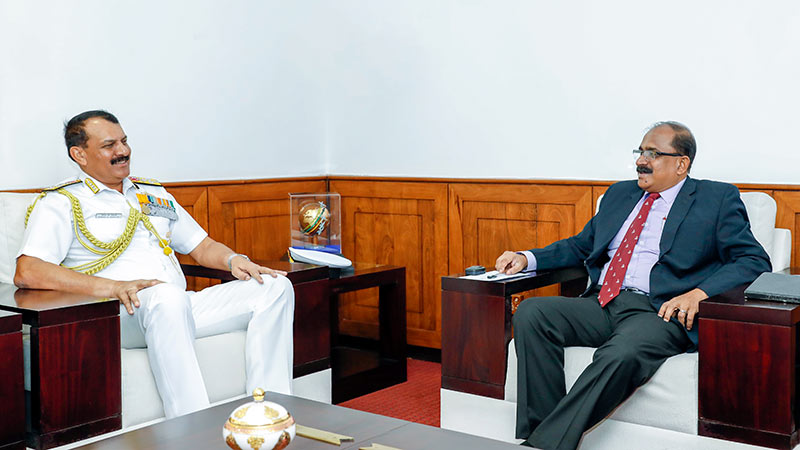 Chief of Naval Staff of the Indian Navy, Admiral Dinesh K. Tripathi with Sri Lanka's Deputy Minister of Defence Major General Aruna Jayasekara (Retd)