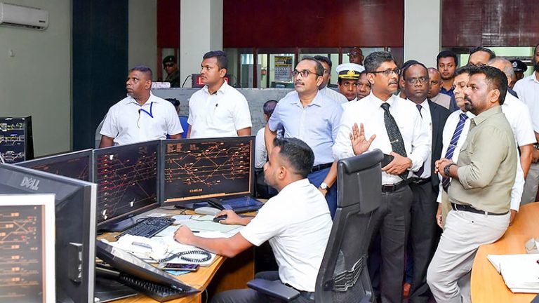 Sri Lanka President Anura Kumara Dissanayake inspecting the control room at Maradana Railway Station during the renovation project launch on September 15, 2025