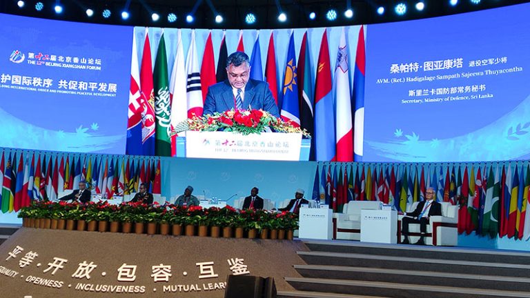Sri Lanka Defence Secretary Air Vice Marshal Sampath Thuyacontha (Retd) addresses the 12th Beijing Xiangshan Forum in China