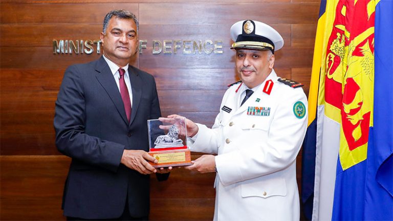Sri Lanka's Defence Secretary Sampath Thuyacontha with Saudi Military Attaché Hussain Othman Al Kowaileet during a courtesy call at the Ministry of Defence
