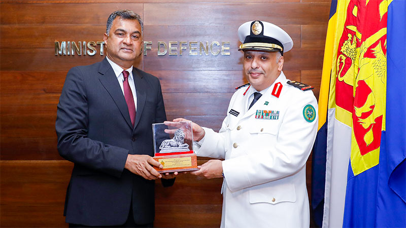 Sri Lanka's Defence Secretary Sampath Thuyacontha with Saudi Military Attaché Hussain Othman Al Kowaileet during a courtesy call at the Ministry of Defence