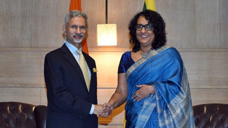 Sri Lanka Prime Minister Harini Amarasuriya and Indian External Affairs Minister Dr. S. Jaishankar shaking hands in New Delhi