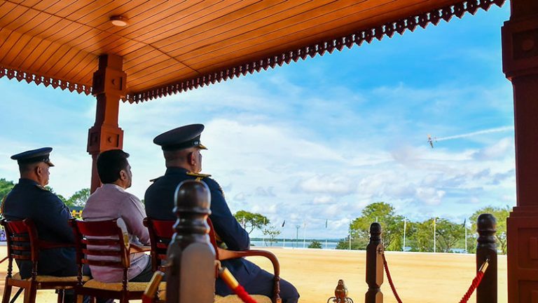 Sri Lanka President Anura Kumara Dissanayake observing the ceremony at the Sri Lanka Air Force Academy in China Bay