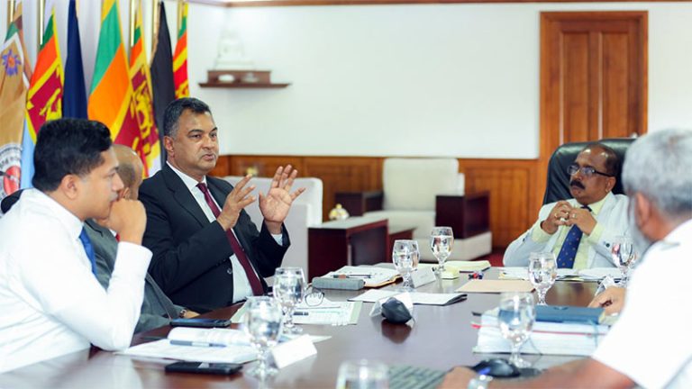 Defence Secretary Air Vice Marshal Sampath Thuyacontha speaking during a meeting chaired by Deputy Minister of Defence Major General Aruna Jayasekara in Colombo