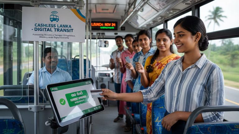 Sri Lankan woman paying bus fare with bank card on a digital terminal