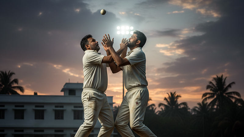 Collision between two fielders going for a high catch during a cricket match