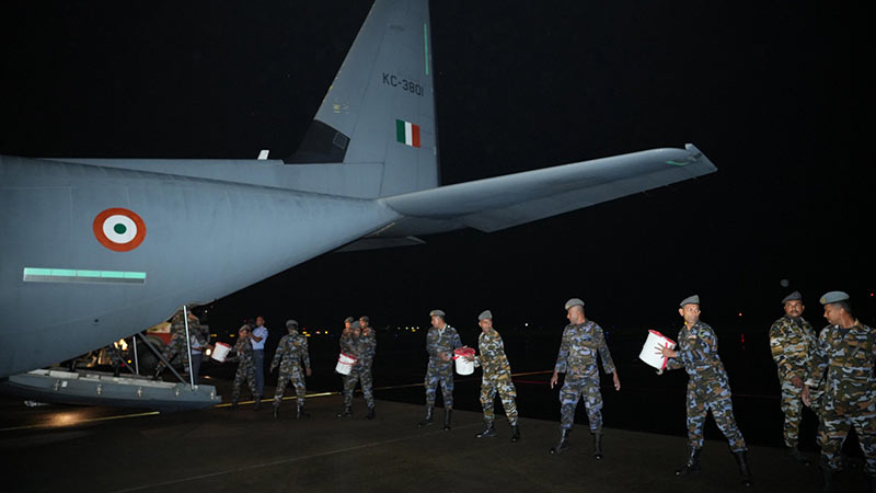 Indian Air Force C130 aircraft with relief items being unloaded in Sri Lanka