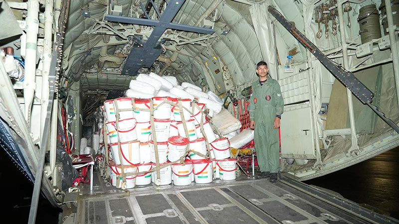 Indian Air Force C130 aircraft with relief items being unloaded in Sri Lanka