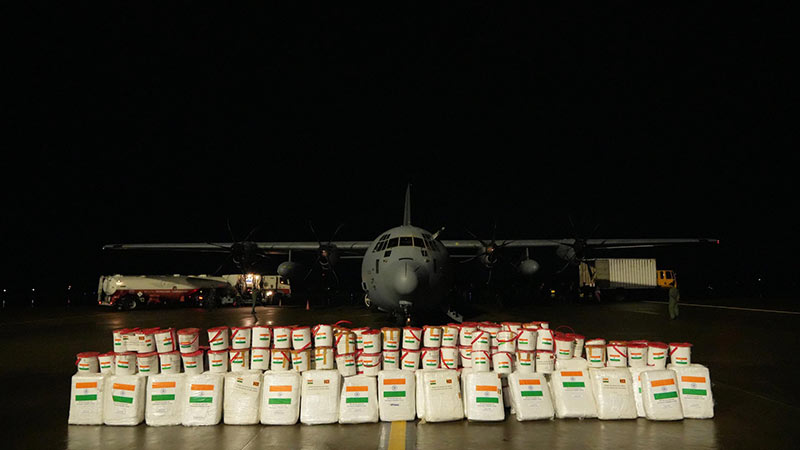 Indian Air Force C130 aircraft with relief items being unloaded in Sri Lanka