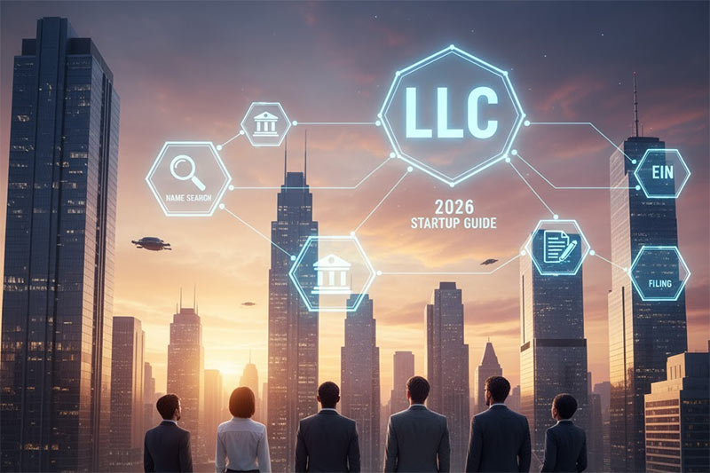 Professionals view a cityscape with LLC startup icons