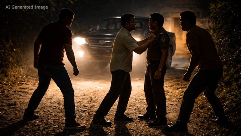 A tense night scene with men attempting to fight and confronting a Sri Lankan police officer in front of a double-cab vehicle