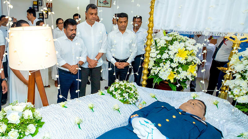 Sri Lanka President Anura Kumara Dissanayake paying his last respects to Group Captain Nirmal Siyambalapitiya’s remains