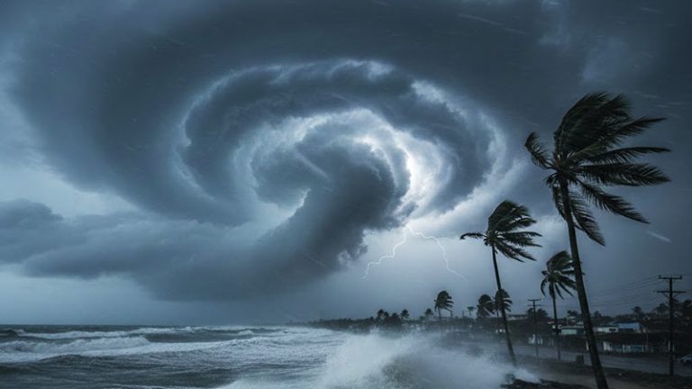 Visualizing extreme weather in Sri Lanka - heavy rain and strong winds lash the coast, creating dark, swirling storm clouds and high sea waves