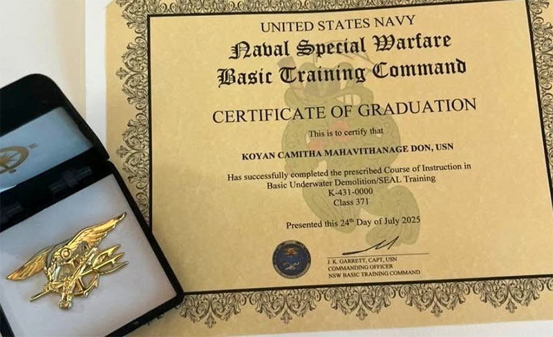 Lieutenant Koyan Chamitha’s U.S. Navy SEAL training certificate