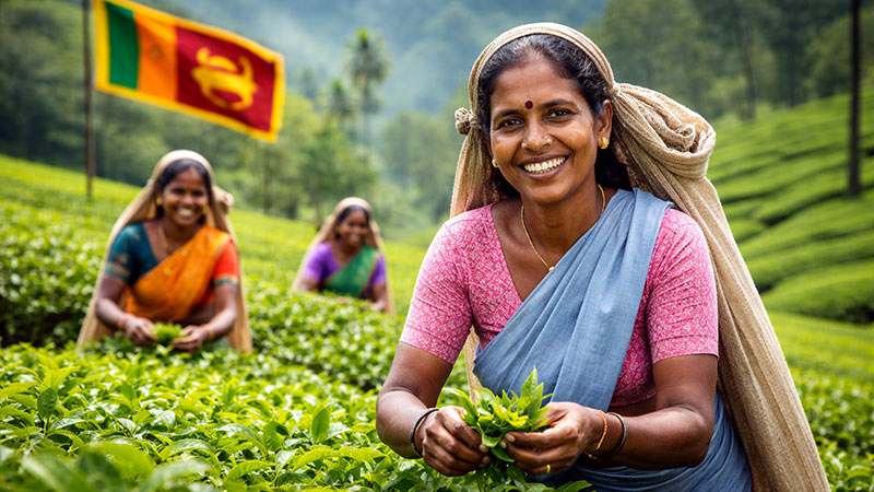 Three Sri Lankan women picking tea leaves in a lush green tea estate in Sri Lanka