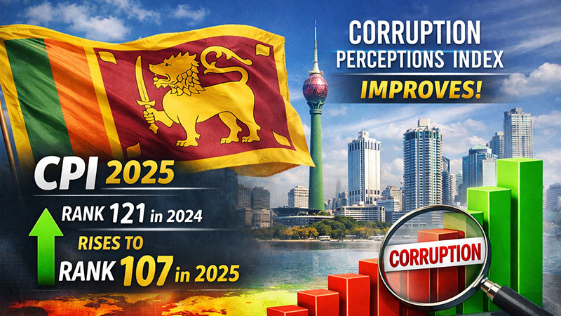 Sri Lanka flag and Colombo skyline with headline showing CPI 2025 ranking improvement from 121 in 2024 to 107 in 2025 with upward green chart and anti-corruption theme