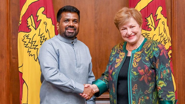 IMF Managing Director Kristalina Georgieva shakes hands with Sri Lanka President Anura Kumara Dissanayake during their meeting in Colombo on February 17, 2026