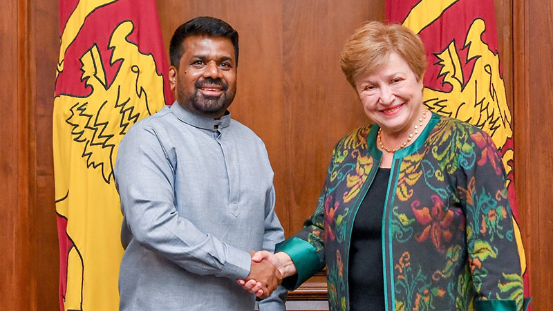IMF Managing Director Kristalina Georgieva shakes hands with Sri Lanka President Anura Kumara Dissanayake during their meeting in Colombo on February 17, 2026